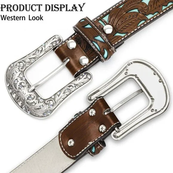 Adjustable-Vintage-Western-Cowboy-Belt Women Men - Cowboy-Style Engraved-Buckle - Picture 6 of 11